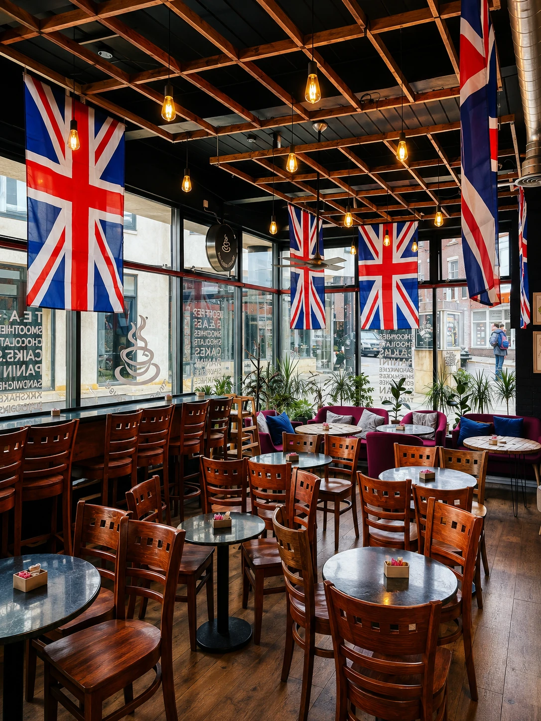 The Coffee House Durham interior with Union Jack flags and cafe seating